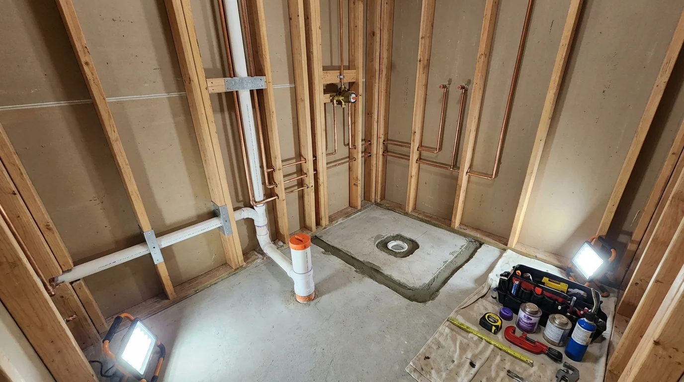 Bathroom rough-in plumbing during remodel by Johns Plumbing LLC in East Tawas