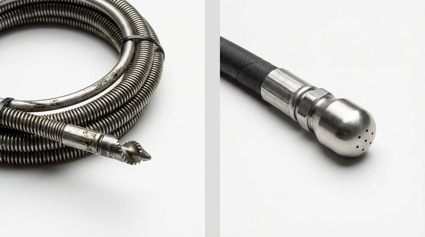 Drain snake cable and hydro jetting nozzle used for drain cleaning in East Tawas, MI