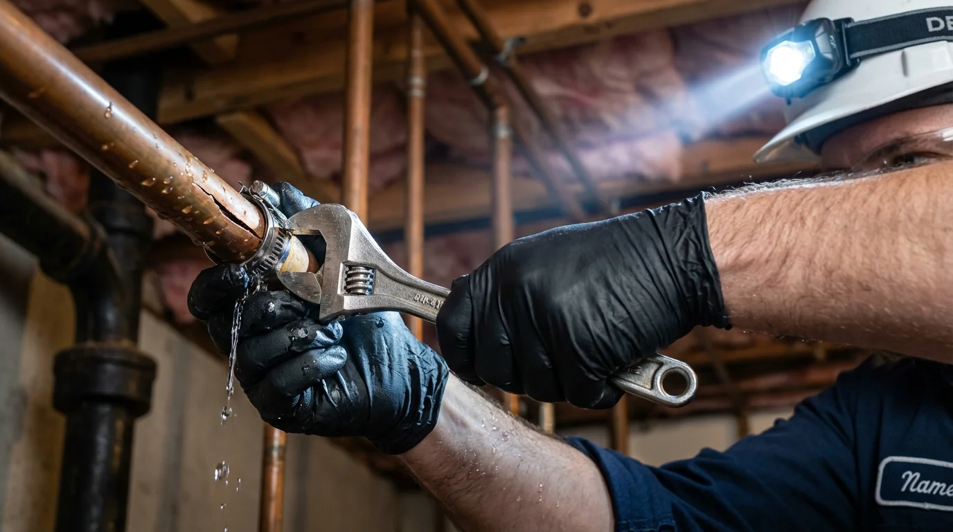 Emergency pipe clamp repair being performed by a Johns Plumbing LLC plumber in East Tawas