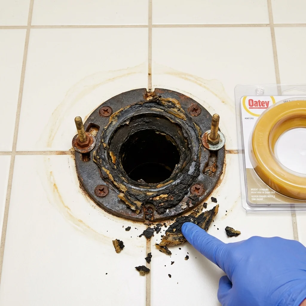 Failed wax ring showing water seepage at the base of a toilet in a East Tawas, MI home