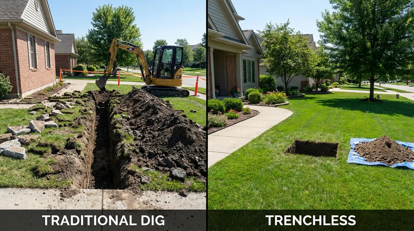 Trenchless sewer repair with minimal yard damage versus traditional excavation in East Tawas, MI