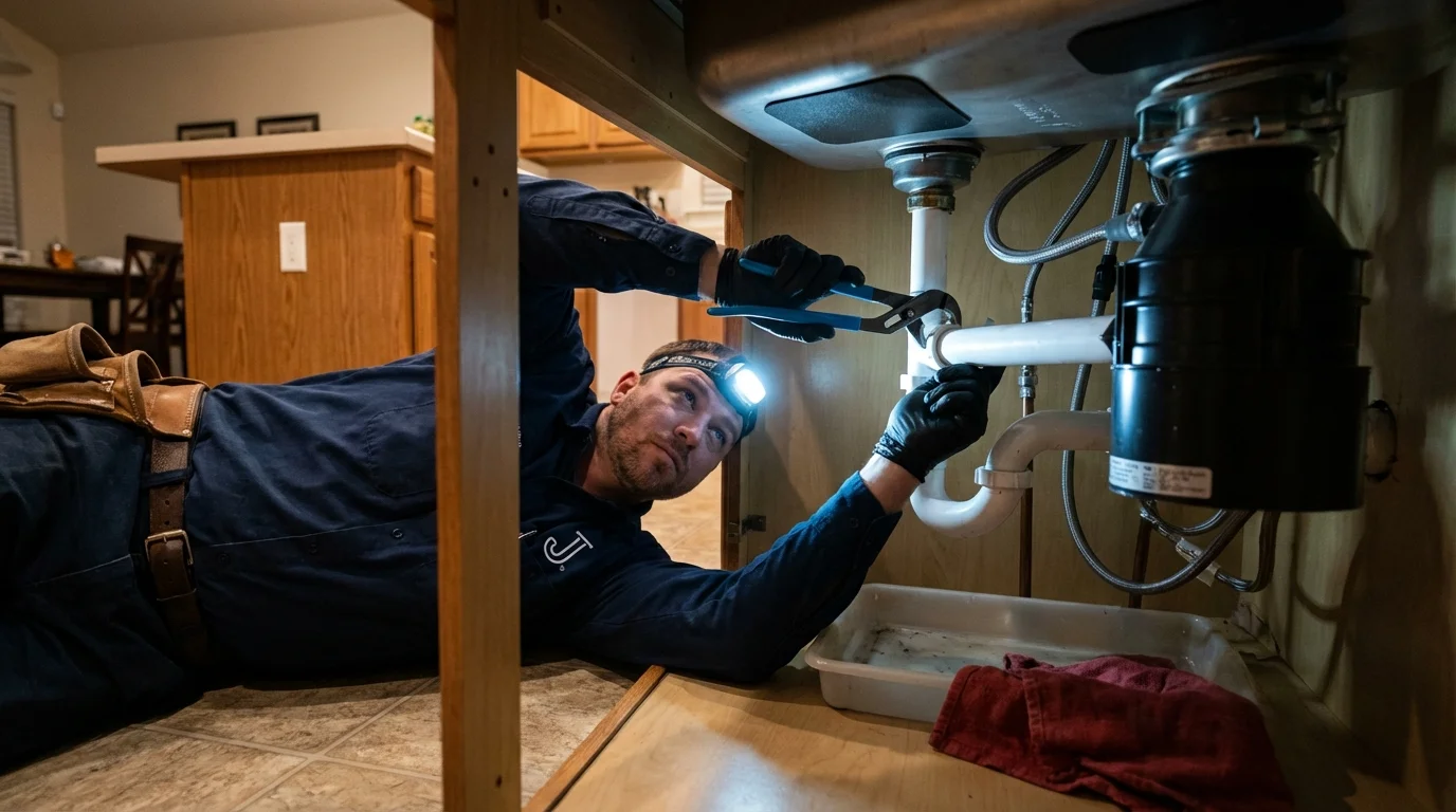 P-trap and supply line connections under a kitchen sink showing a common leak point in East Tawas, MI